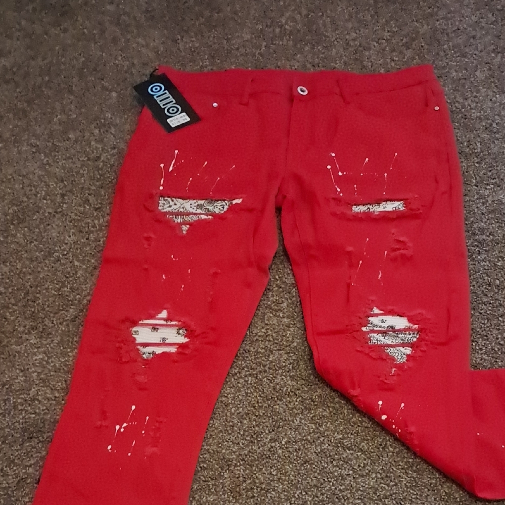 Red Distressed Men's Slim Straight Jeans